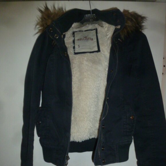Hollister Coat Faux Fur Hooded Utility Outerwear Navy Blue SzS - Picture 13 of 15
